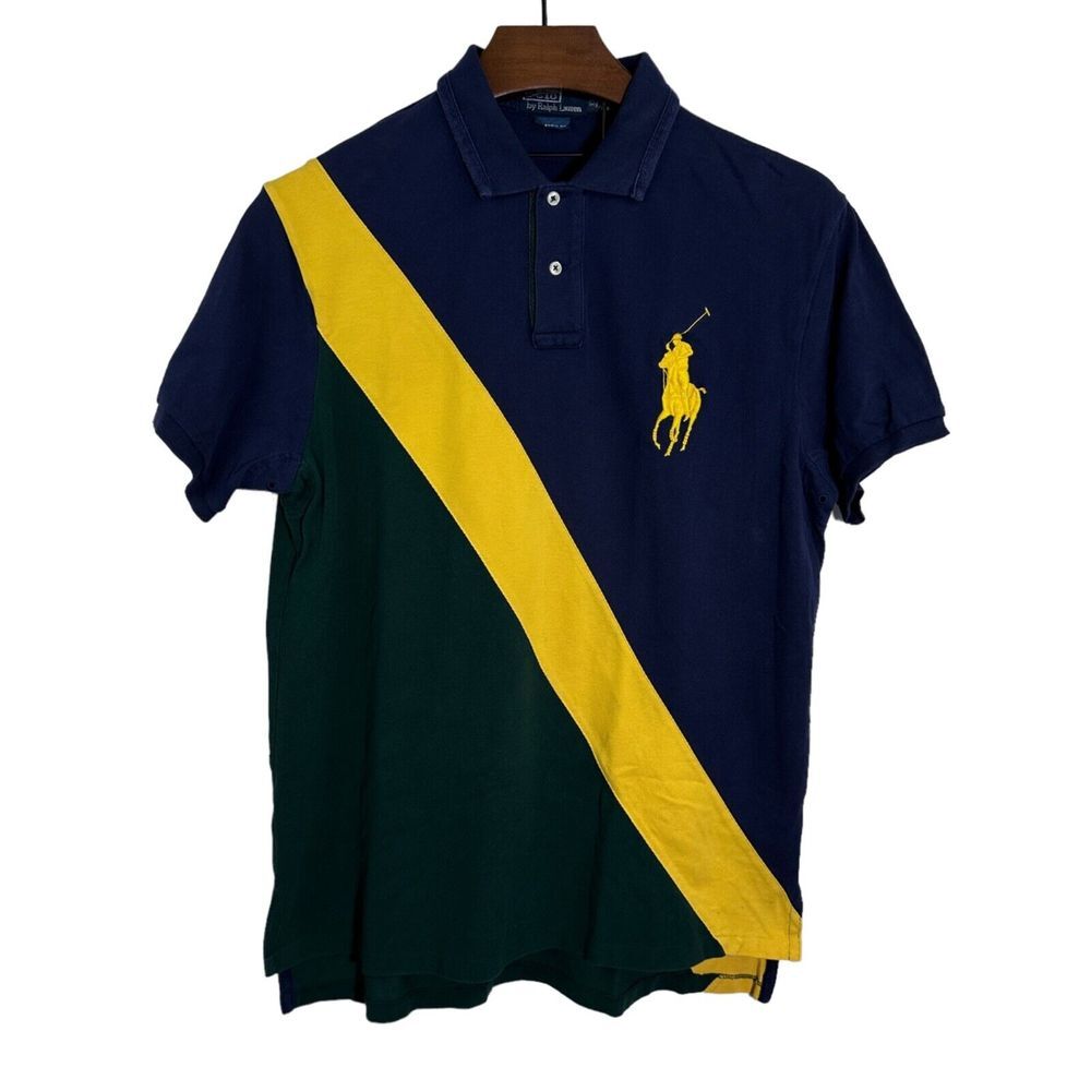 RALPH LAUREN Classic Fit‎ Navy Green Yellow Stripe Big Pony Yellow Pony Rugby XL
